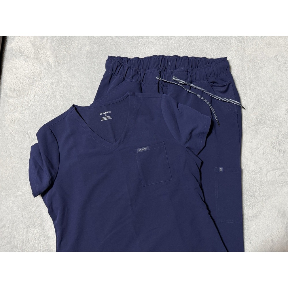 Jaanuu Womens Large Navy Blue Scrub Set Top Shirt Bottom Pants Jogger